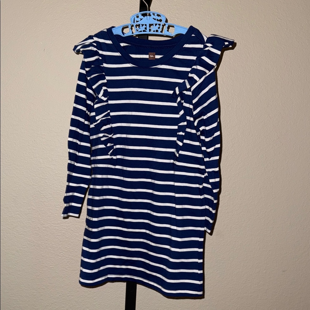 Tea Collection Blue and White Striped with Ruffles T-Shirt Dress Girl’s Size 4